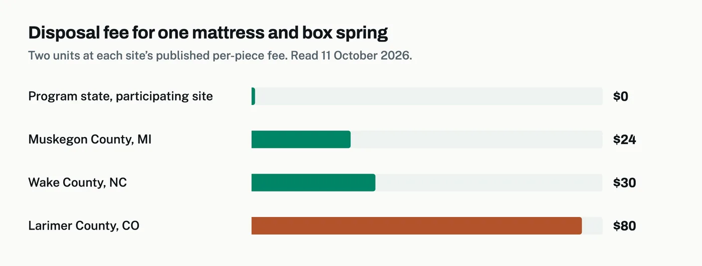 Bar chart of the disposal fee for one mattress and box spring set: program-state participating site $0, Muskegon County MI $24, Wake County NC $30, Larimer County CO $80.